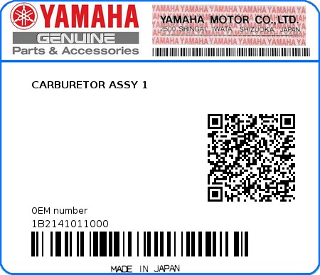 Product image: Yamaha - 1B2141011000 - CARBURETOR ASSY 1  0