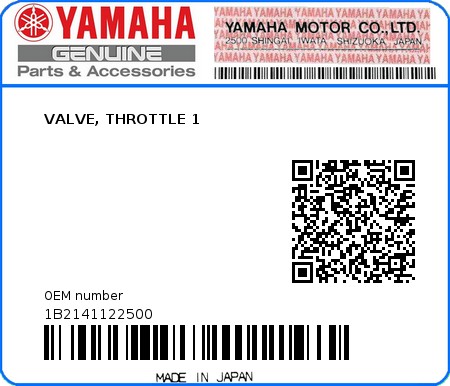 Product image: Yamaha - 1B2141122500 - VALVE, THROTTLE 1  0