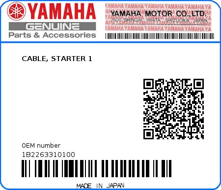 Product image: Yamaha - 1B2263310100 - CABLE, STARTER 1  0