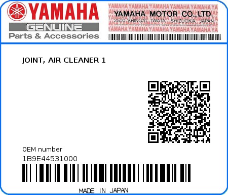 Product image: Yamaha - 1B9E44531000 - JOINT, AIR CLEANER 1  0