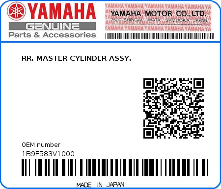 Product image: Yamaha - 1B9F583V1000 - RR. MASTER CYLINDER ASSY. 