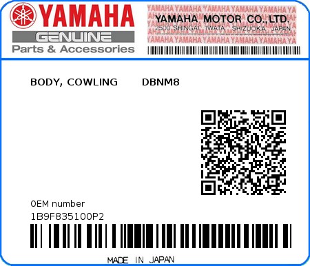 Product image: Yamaha - 1B9F835100P2 - BODY, COWLING       DBNM8  0