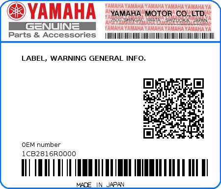 Product image: Yamaha - 1CB2816R0000 - LABEL, WARNING GENERAL INFO. 