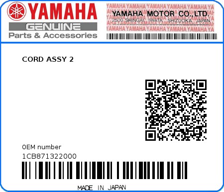 Product image: Yamaha - 1CB871322000 - CORD ASSY 2  0