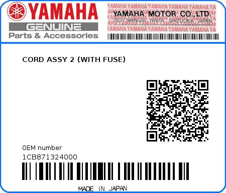 Product image: Yamaha - 1CB871324000 - CORD ASSY 2 (WITH FUSE) 