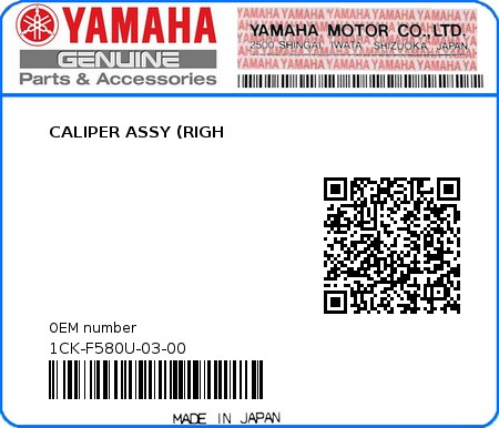 Product image: Yamaha - 1CK-F580U-03-00 - CALIPER ASSY (RIGH 