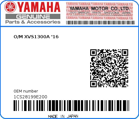 Product image: Yamaha - 1CS28199E200 - O/M XVS1300A '16 