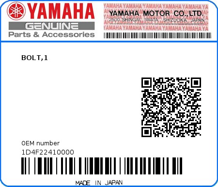 Product image: Yamaha - 1D4F22410000 - BOLT,1  0