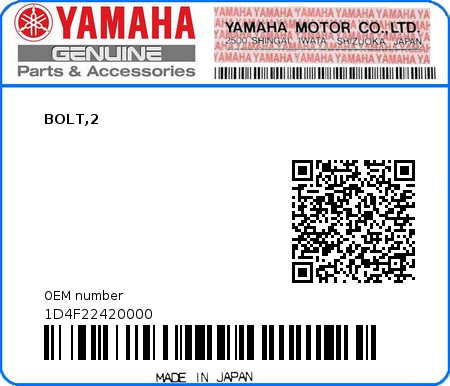 Product image: Yamaha - 1D4F22420000 - BOLT,2  0