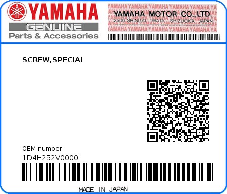 Product image: Yamaha - 1D4H252V0000 - SCREW,SPECIAL  0