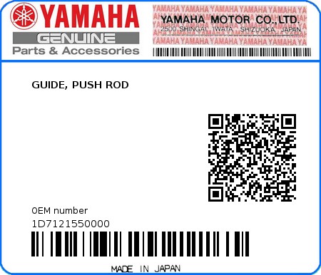 Product image: Yamaha - 1D7121550000 - GUIDE, PUSH ROD  0