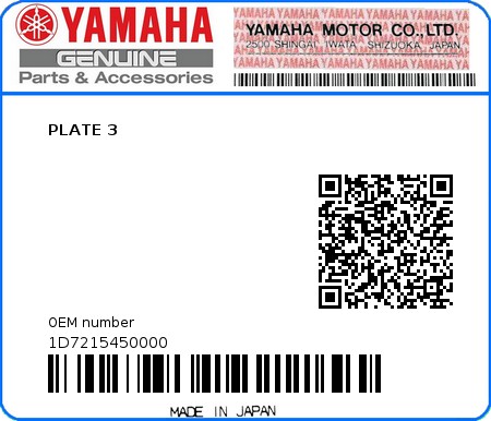 Product image: Yamaha - 1D7215450000 - PLATE 3  0