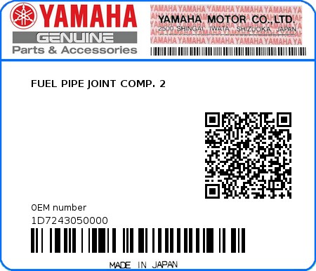 Product image: Yamaha - 1D7243050000 - FUEL PIPE JOINT COMP. 2  0