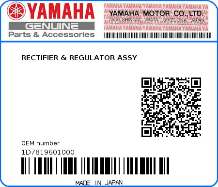 Product image: Yamaha - 1D7819601000 - RECTIFIER & REGULATOR ASSY 