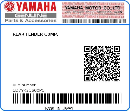 Product image: Yamaha - 1D7YK21600P5 - REAR FENDER C0MP.  0