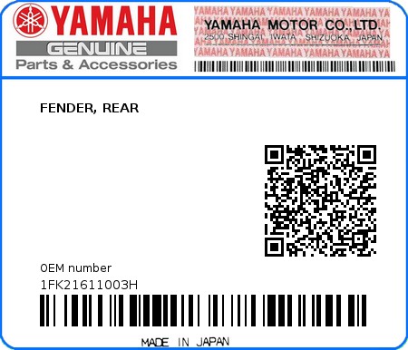 Product image: Yamaha - 1FK21611003H - FENDER, REAR 