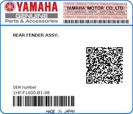 Product image: Yamaha - 1HP-F1600-B1-98 - REAR FENDER ASSY.  0