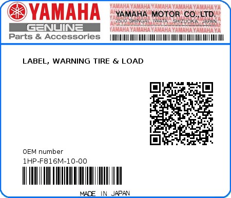 Product image: Yamaha - 1HP-F816M-10-00 - LABEL, WARNING TIRE & LOAD  0