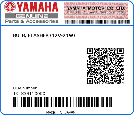 Product image: Yamaha - 1KT833110000 - BULB, FLASHER (12V-21W)  0