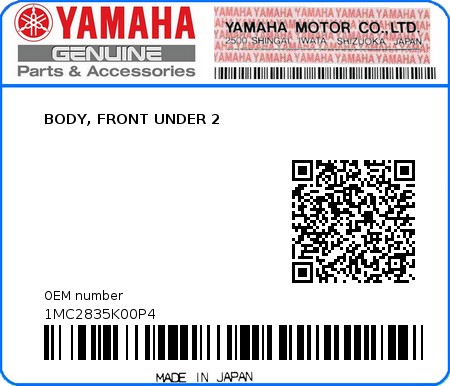 Product image: Yamaha - 1MC2835K00P4 - BODY, FRONT UNDER 2 