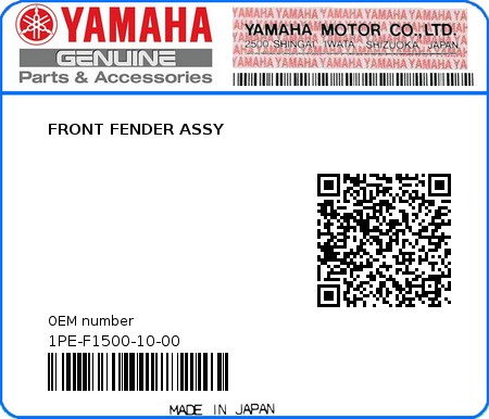 Product image: Yamaha - 1PE-F1500-10-00 - FRONT FENDER ASSY  0