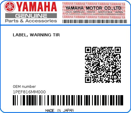 Product image: Yamaha - 1PEF816MM000 - LABEL, WARNING TIR  0