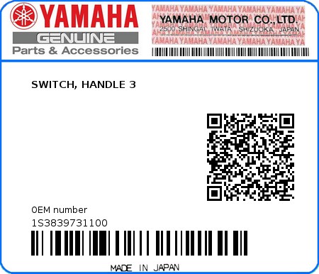 Product image: Yamaha - 1S3839731100 - SWITCH, HANDLE 3  0