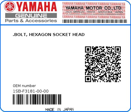 Product image: Yamaha - 1SB-F3181-00-00 - .BOLT, HEXAGON SOCKET HEAD  0