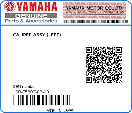 Product image: Yamaha - 1SB-F580T-03-00 - CALIPER ASSY (LEFT) 