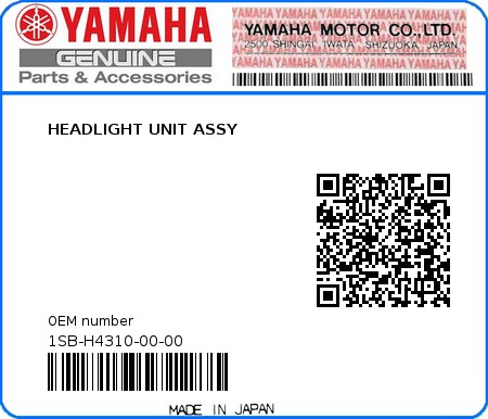 Product image: Yamaha - 1SB-H4310-00-00 - HEADLIGHT UNIT ASSY  0