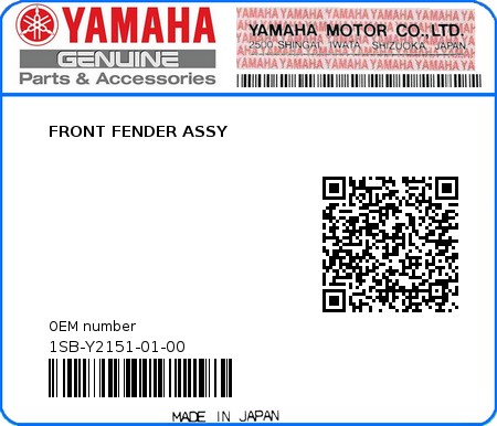 Product image: Yamaha - 1SB-Y2151-01-00 - FRONT FENDER ASSY 