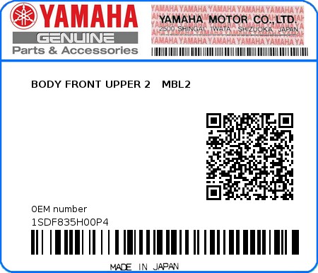 Product image: Yamaha - 1SDF835H00P4 - BODY FRONT UPPER 2   MBL2 