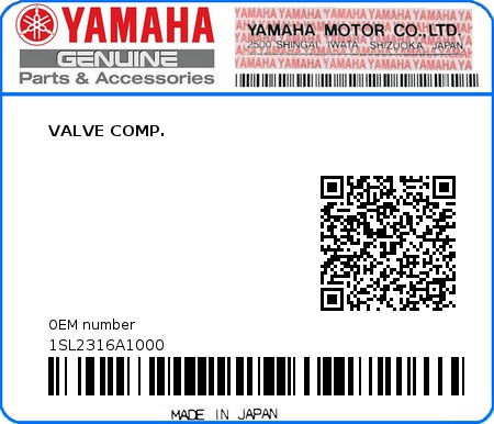 Product image: Yamaha - 1SL2316A1000 - VALVE COMP. 