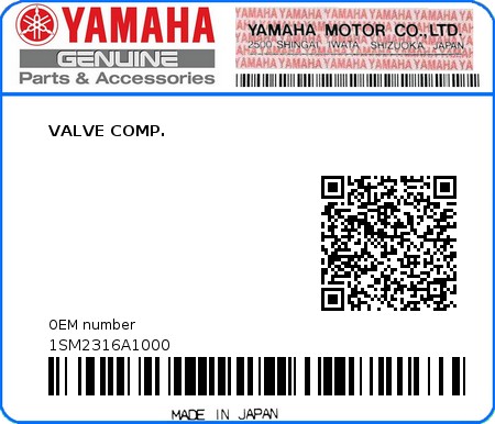 Product image: Yamaha - 1SM2316A1000 - VALVE COMP. 