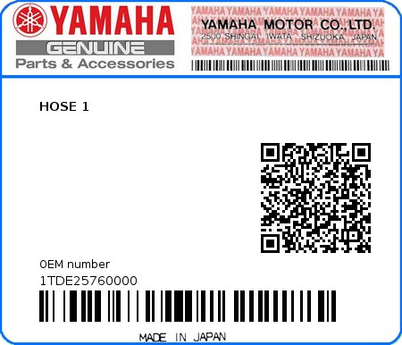 Product image: Yamaha - 1TDE25760000 - HOSE 1  0