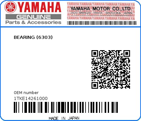 Product image: Yamaha - 1TKE14261000 - BEARING (6303)  0