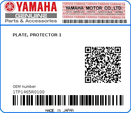 Product image: Yamaha - 1TP1465R0100 - PLATE, PROTECTOR 1  0