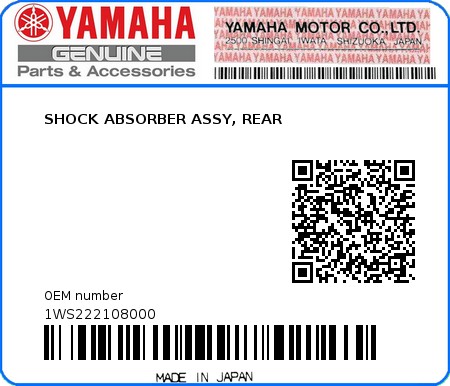 Product image: Yamaha - 1WS222108000 - SHOCK ABSORBER ASSY, REAR 