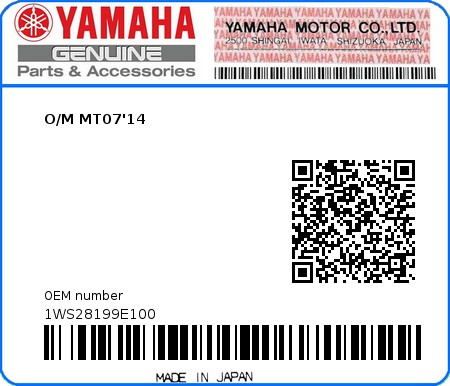 Product image: Yamaha - 1WS28199E100 - O/M MT07'14 