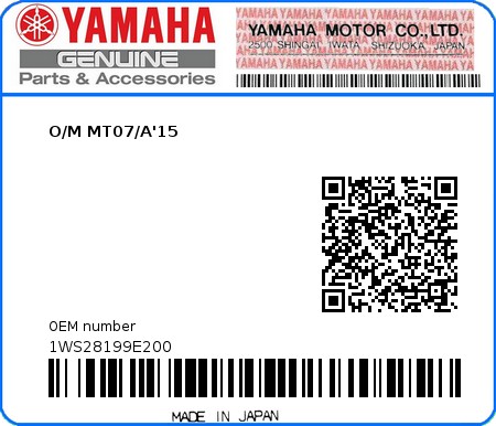 Product image: Yamaha - 1WS28199E200 - O/M MT07/A'15  0