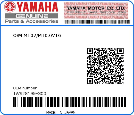 Product image: Yamaha - 1WS28199F300 - O/M MT07/MT07A'16  0