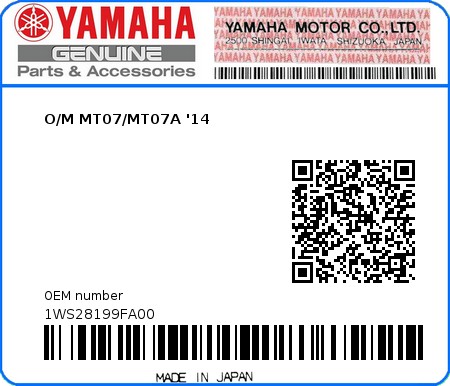 Product image: Yamaha - 1WS28199FA00 - O/M MT07/MT07A '14  0