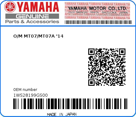 Product image: Yamaha - 1WS28199GS00 - O/M MT07/MT07A '14  0