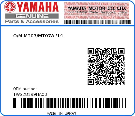 Product image: Yamaha - 1WS28199HA00 - O/M MT07/MT07A '14  0