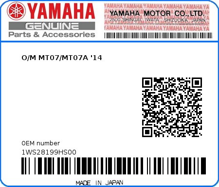 Product image: Yamaha - 1WS28199HS00 - O/M MT07/MT07A '14  0