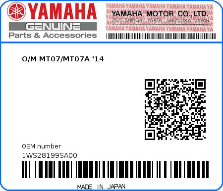 Product image: Yamaha - 1WS28199SA00 - O/M MT07/MT07A '14  0