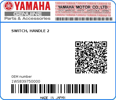Product image: Yamaha - 1WS839750000 - SWITCH, HANDLE 2  0