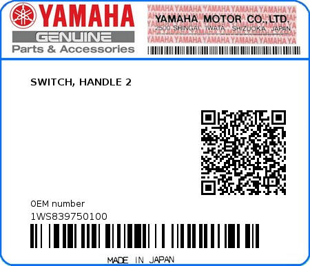 Product image: Yamaha - 1WS839750100 - SWITCH, HANDLE 2  0