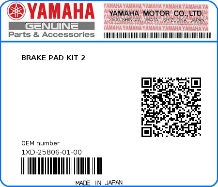 Product image: Yamaha - 1XD-25806-01-00 - BRAKE PAD KIT 2  0