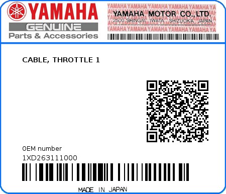 Product image: Yamaha - 1XD263111000 - CABLE, THROTTLE 1  0